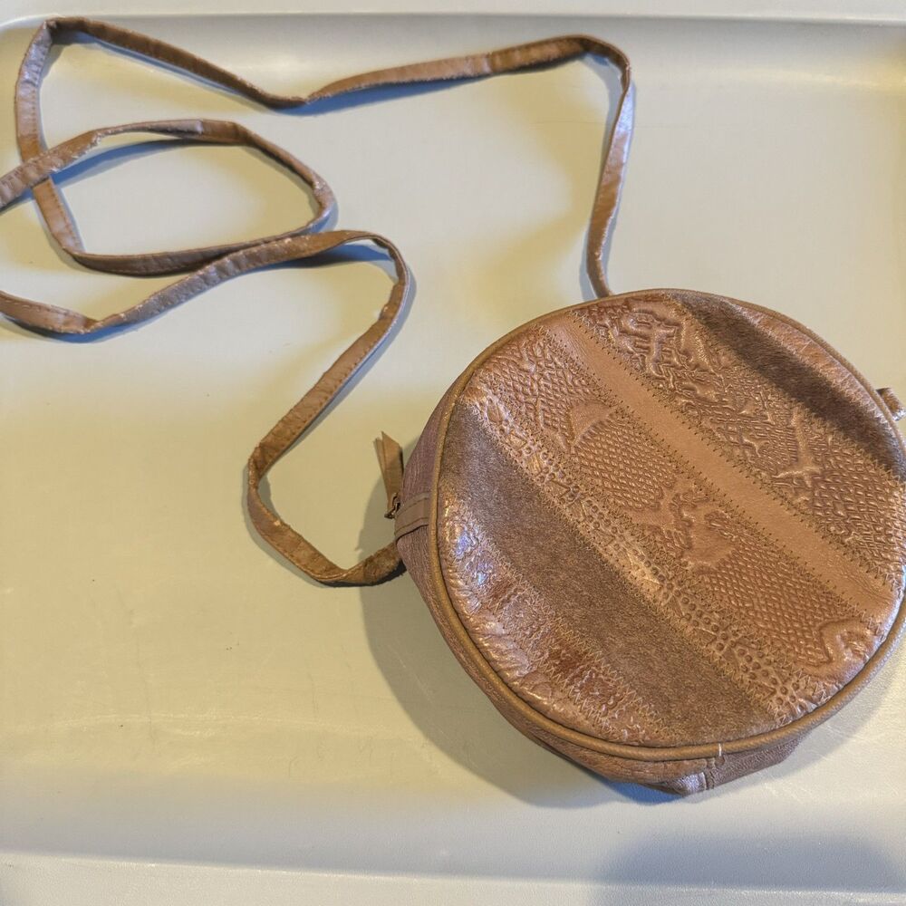 Crossbody Bag Round Tooled Patchwork Vegan Leather Boho Brown 6x6 In Festival